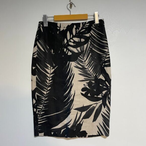 J Crew Tropical Print Women's Black Beige Linen Pencil Skirt Size 2 - Picture 2 of 9